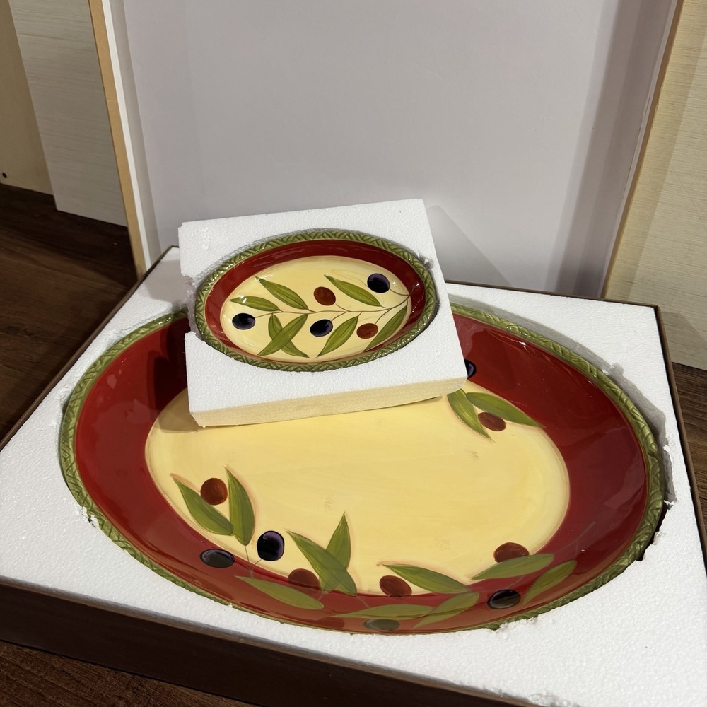 Clay Art Stonelite Antique Olive 17.5 In Oval Serving Platter & Dish Set NOS
